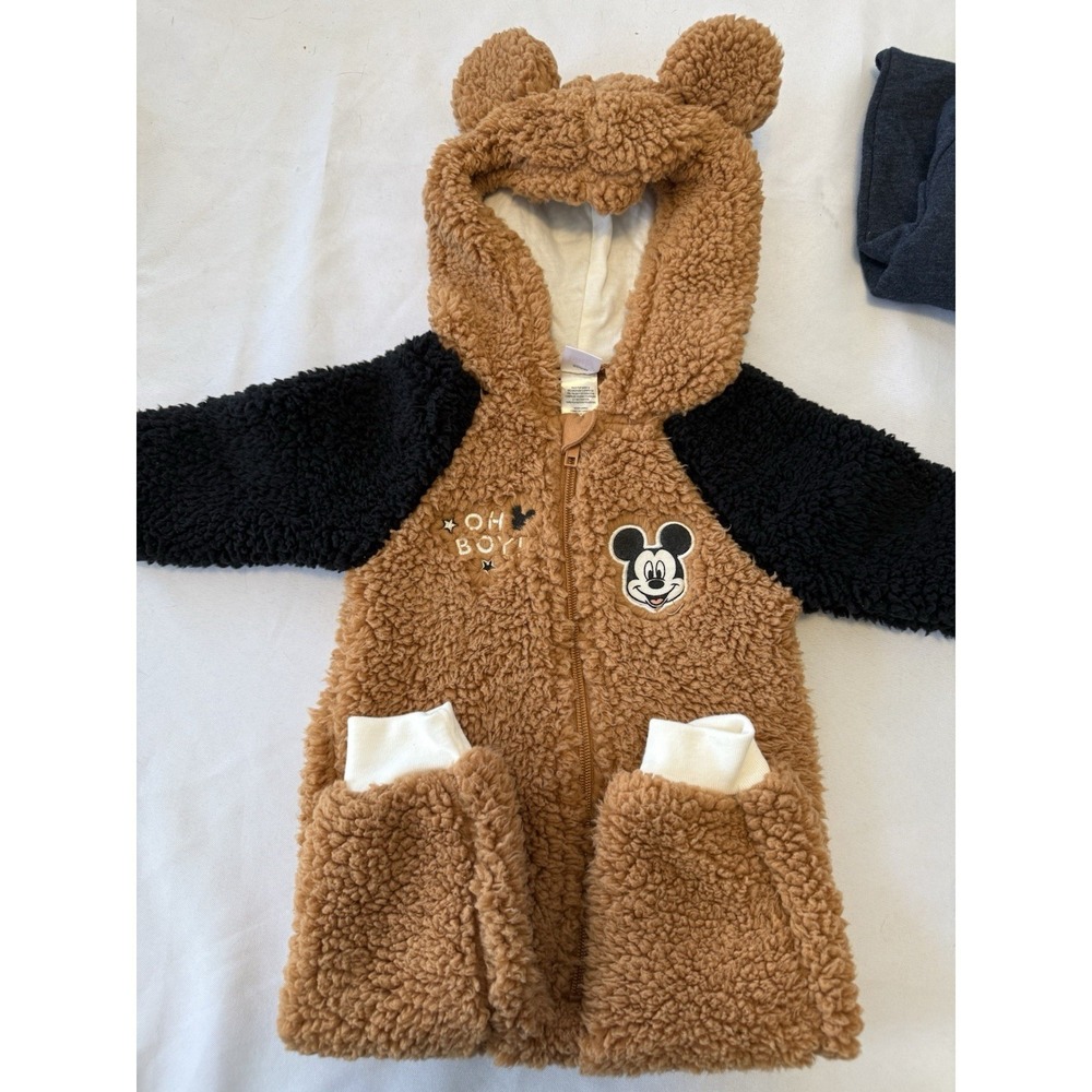 Disney Baby Mickey Mouse Sherpa Fleece Pram Suit Hooded Bunting 6/9M Brown Black